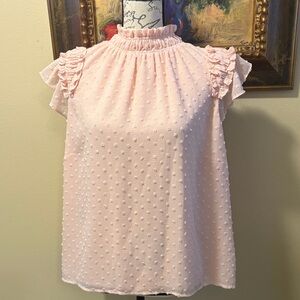 CeCe Light Pink Dotted Textured Ruffle cap sleeve & high neck Blouse